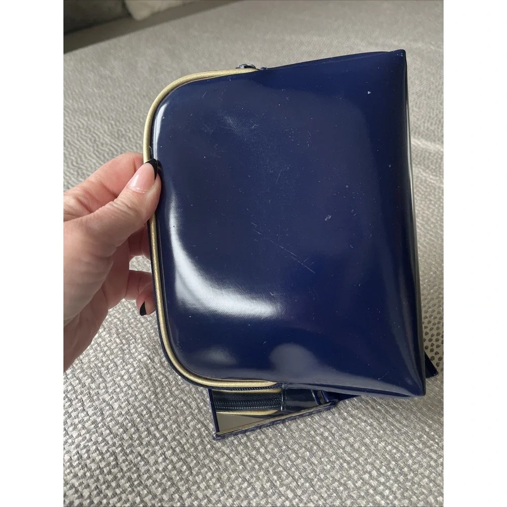 Vintage Estée Lauder Classic Navy Blue Gold Travel Bag Makeup Bag Compact Mirror